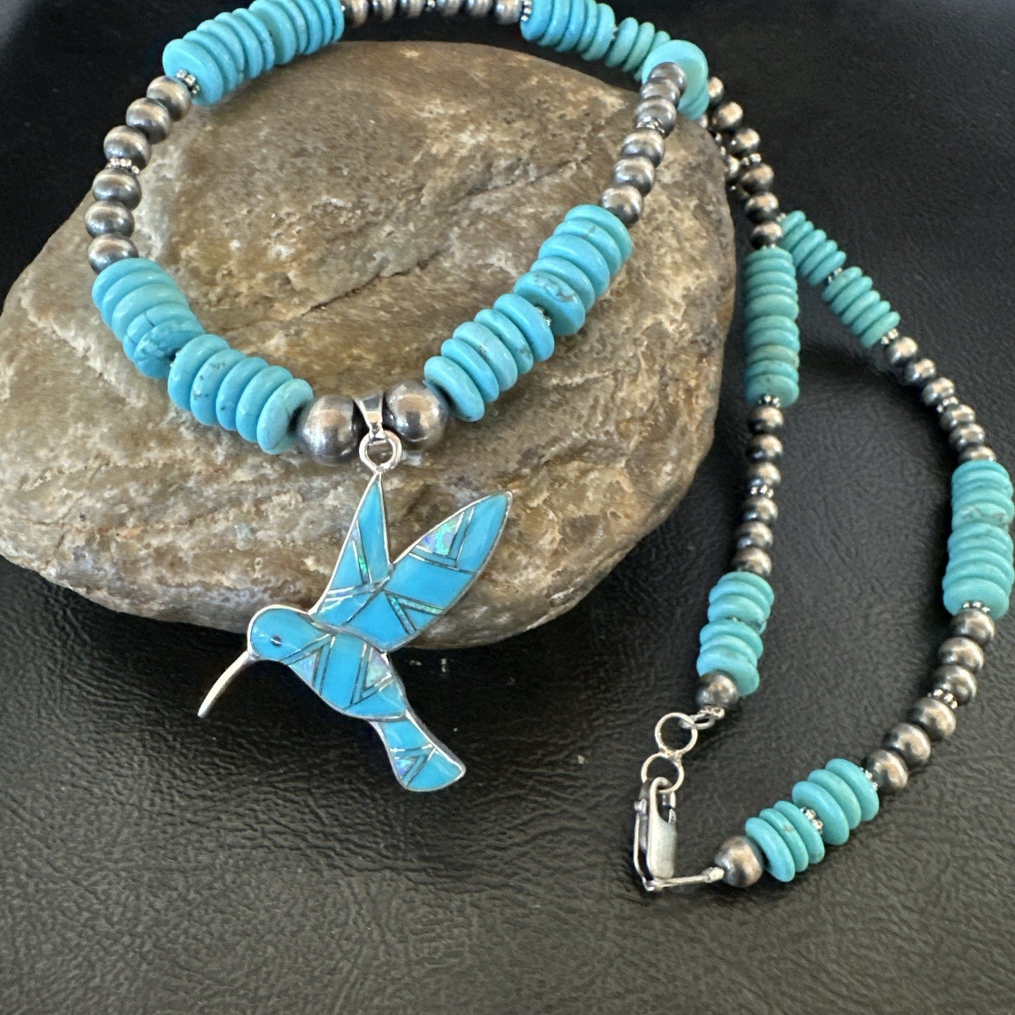 Blue Turquoise Opal HummingBird Inlay Pendant Navajo Sterling Necklace 19500