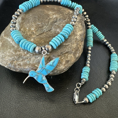 Blue Turquoise Opal HummingBird Inlay Pendant Navajo Sterling Necklace 19500