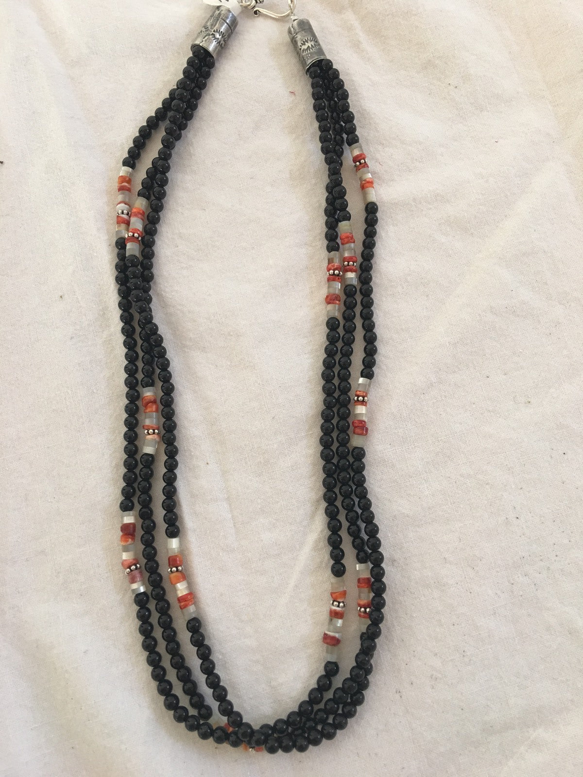 Native Turquoise Spiny Oyster Onyx 3 Strand Sterling Silver Necklace 10108