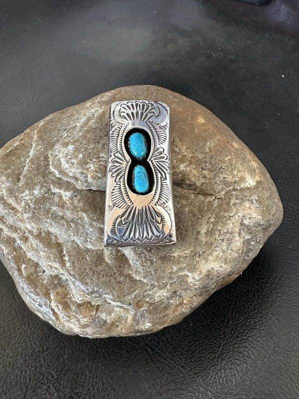 Men's Blue Turquoise Navajo Stainless Stamped Silver Money Clip | Authentic Native American Handmade | 19366