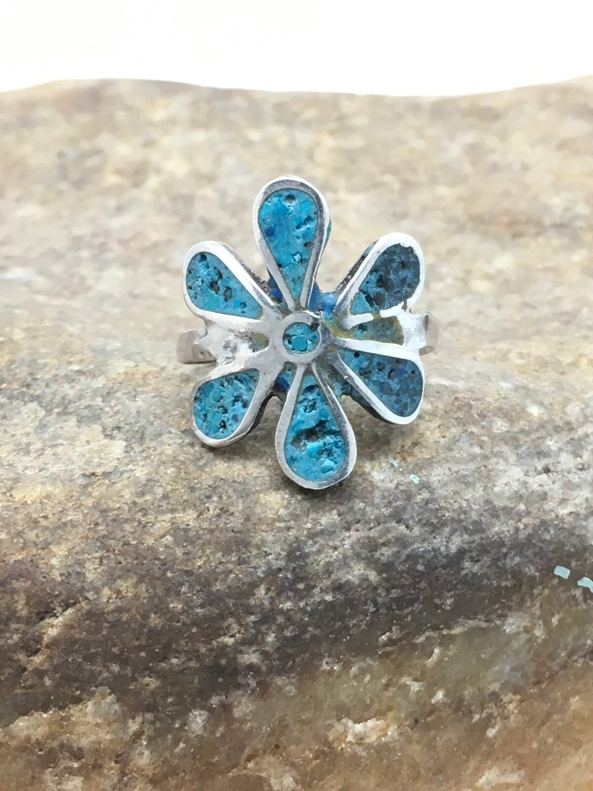 Navajo Blue Turquoise Flower Ring Sterling Silver 6.75 03076