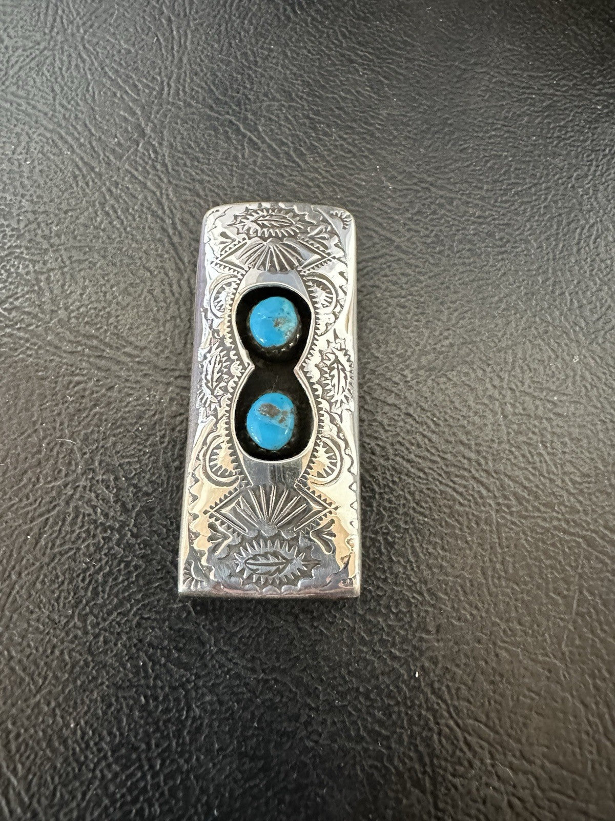Mens Blue Turquoise Navajo Stainless Stamped Silver Money Clip 19367
