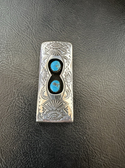 Mens Blue Turquoise Navajo Stainless Stamped Silver Money Clip 19367