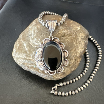Mens Womens Black Onyx Pendant Navajo Sterling Silver Beads Necklace 18306
