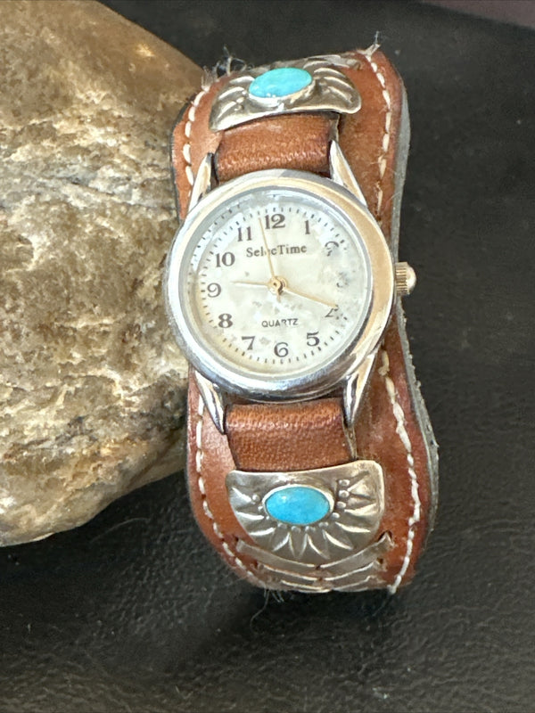 Women's Blue Turquoise Navajo Cuff Watch Leather Bracelet | Sterling Silver | Authentic Native American Handmade | 17736