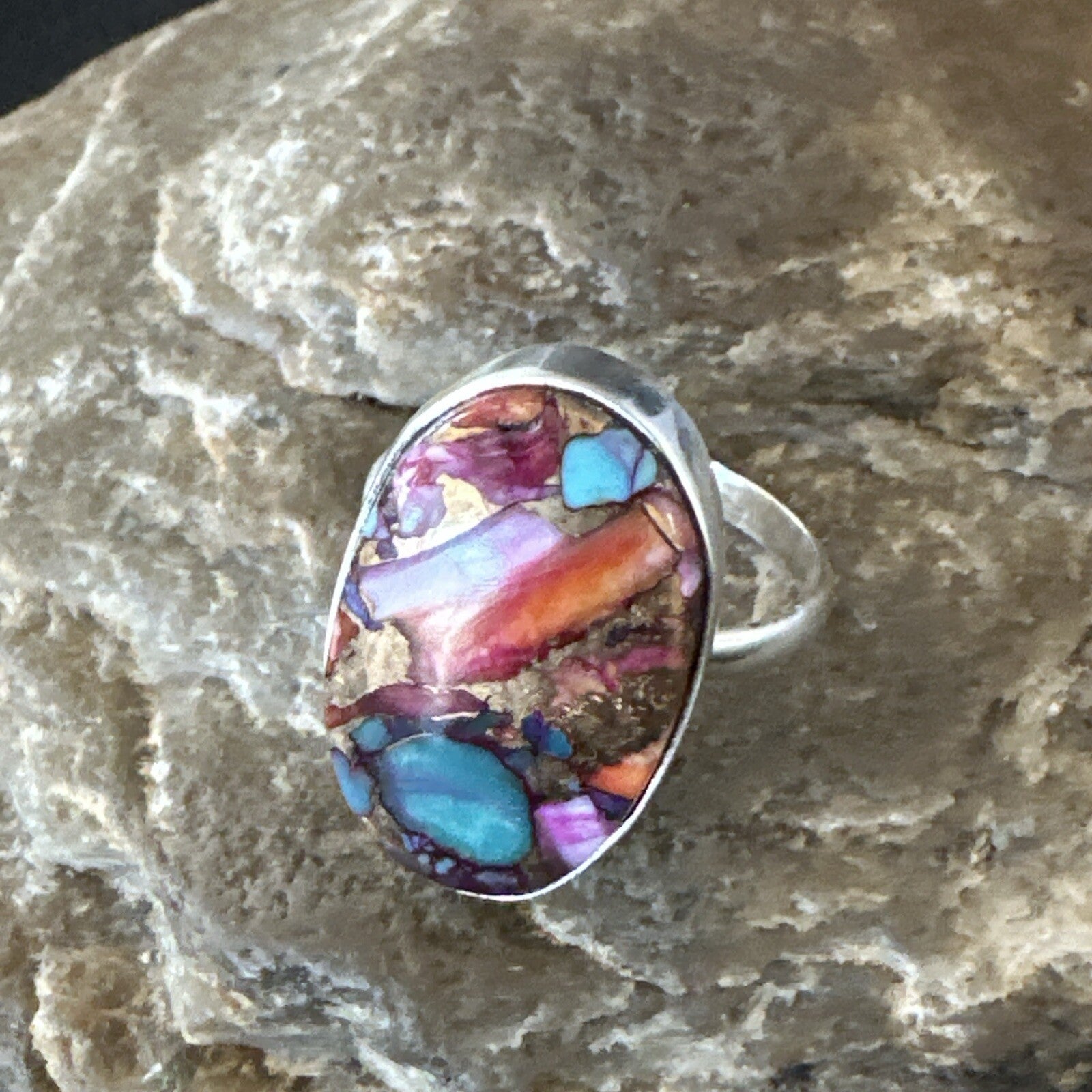 Blue Turquoise Spiny Oyster Southwestern Sterling Silver Ring Size 9 18539