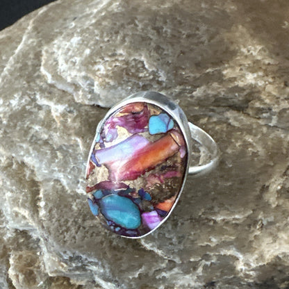 Blue Turquoise Spiny Oyster Southwestern Sterling Silver Ring Size 9 18539