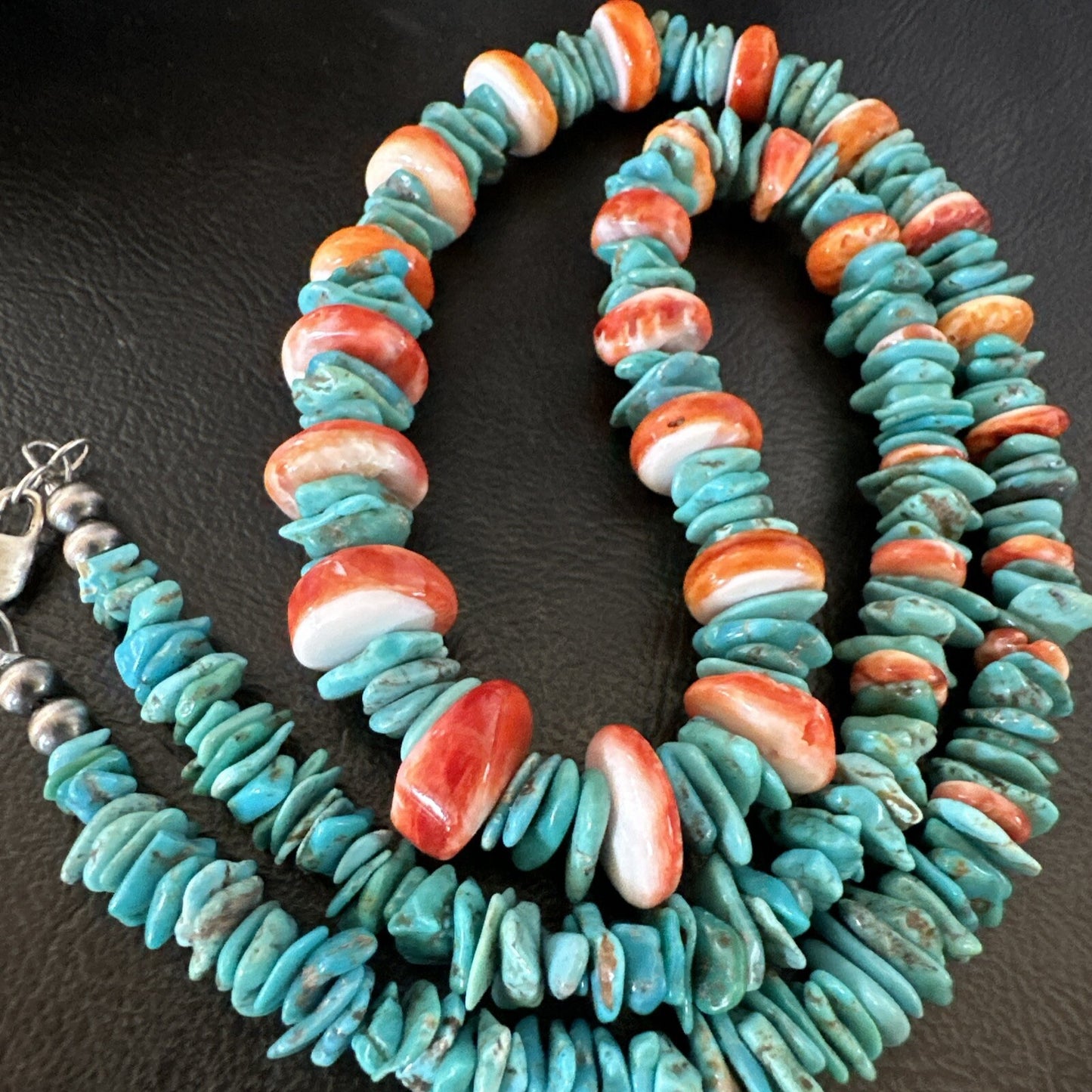 Red Spiny Oyster Blue Turquoise Navajo Sterling Silver Necklace 23" 18267