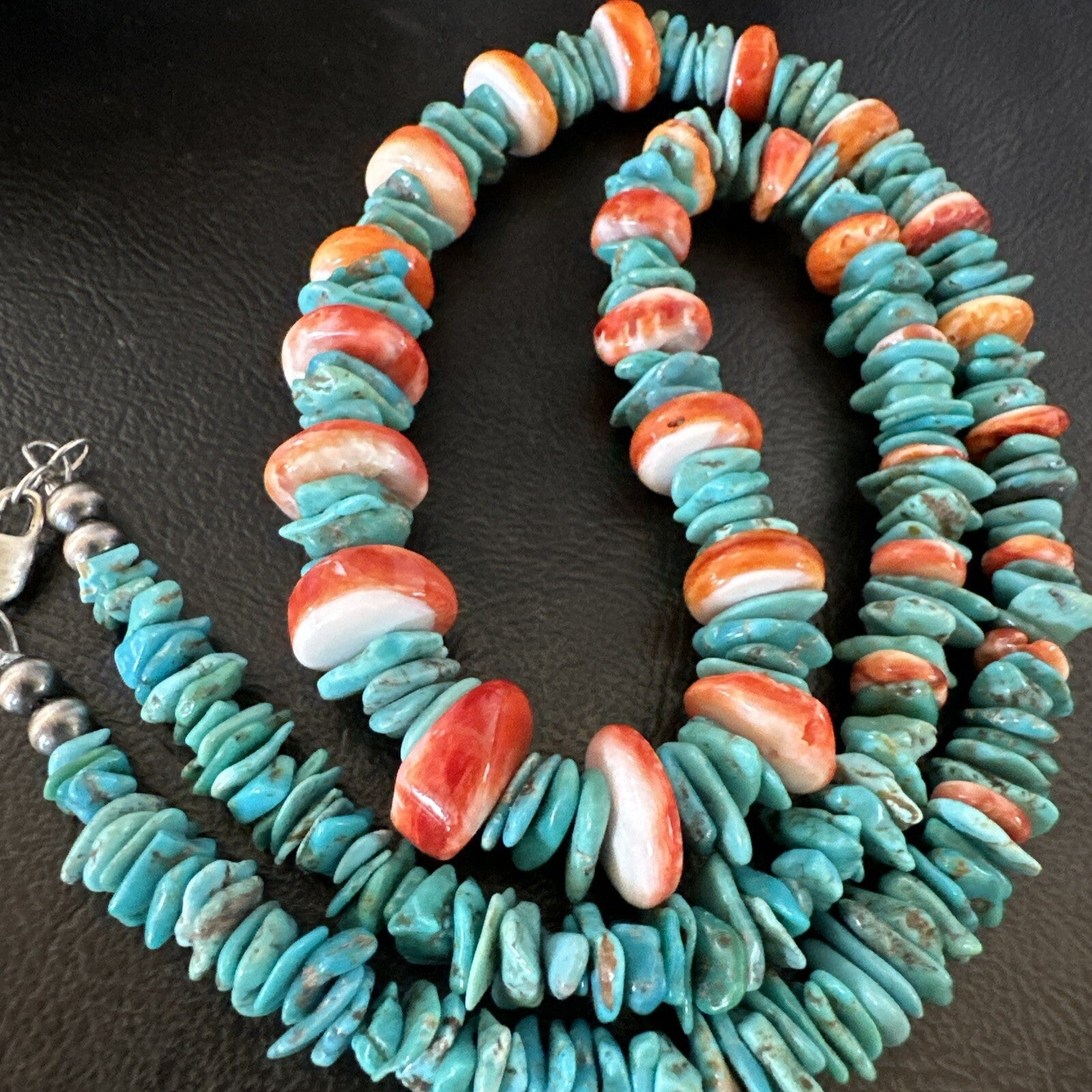 Red Spiny Oyster Blue Turquoise Navajo Sterling Silver Necklace 23" 18267