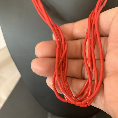 Red Coral Stabilized Heishi 5 Strand Sterling Silver Necklace 20” 2207
