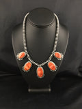 Red Spiny Oyster Pendant Navajo Squash Necklace 16" | Sterling Silver | Authentic Native American Handmade | 04536
