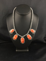 Red Spiny Oyster Pendant Navajo Squash Necklace 16" | Sterling Silver | Authentic Native American Handmade | 04536