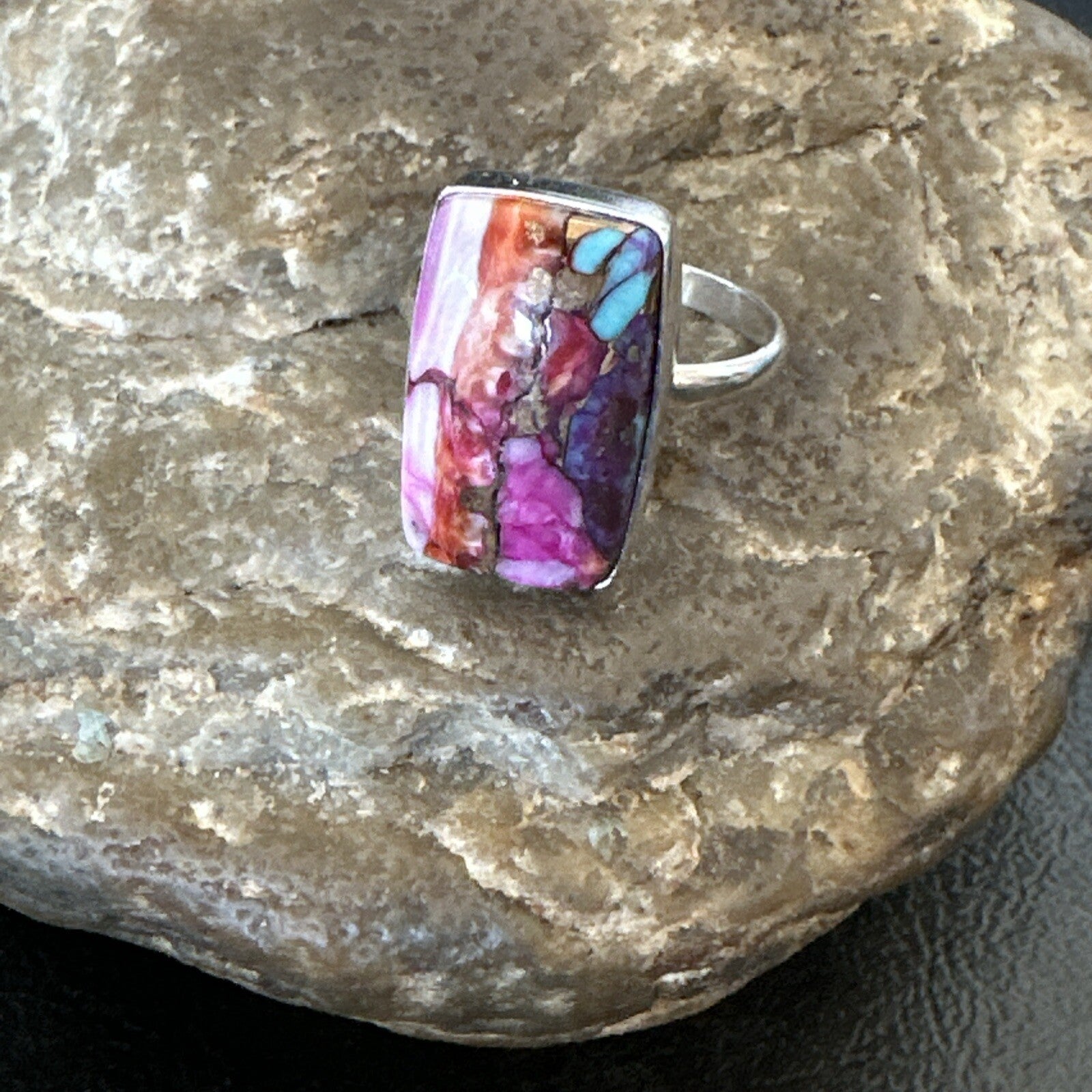 Blue Turquoise Spiny Oyster Southwestern Sterling Silver Ring Size 9 18468