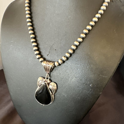 Mens Womens Black Onyx Pendant Navajo Sterling Silver Beads Necklace 18351