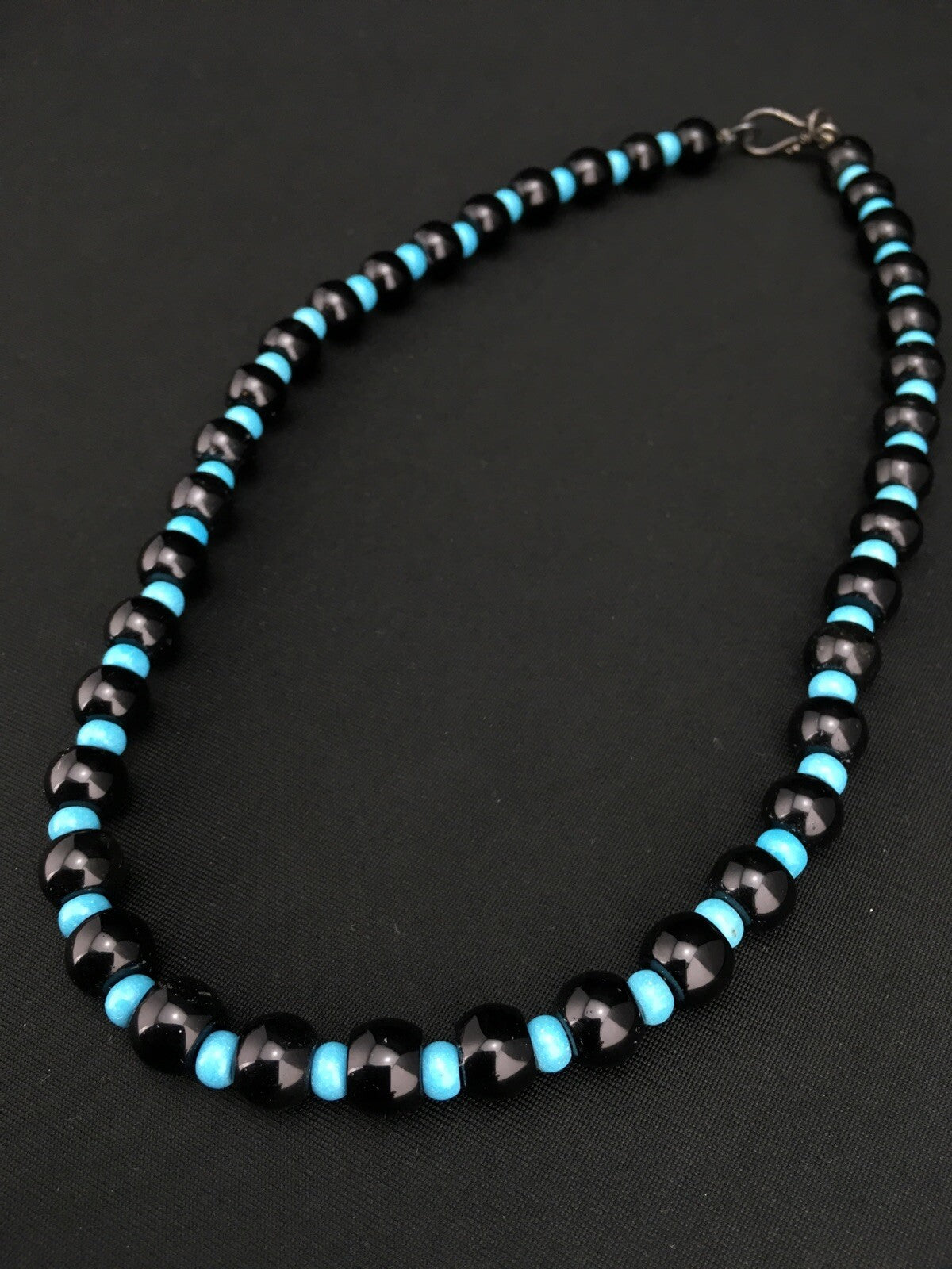 Native Black Onyx Blue Turquoise Bead Navajo Sterling Silver Necklace 15229