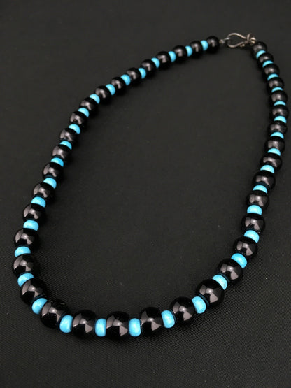 Native Black Onyx Blue Turquoise Bead Navajo Sterling Silver Necklace 15229