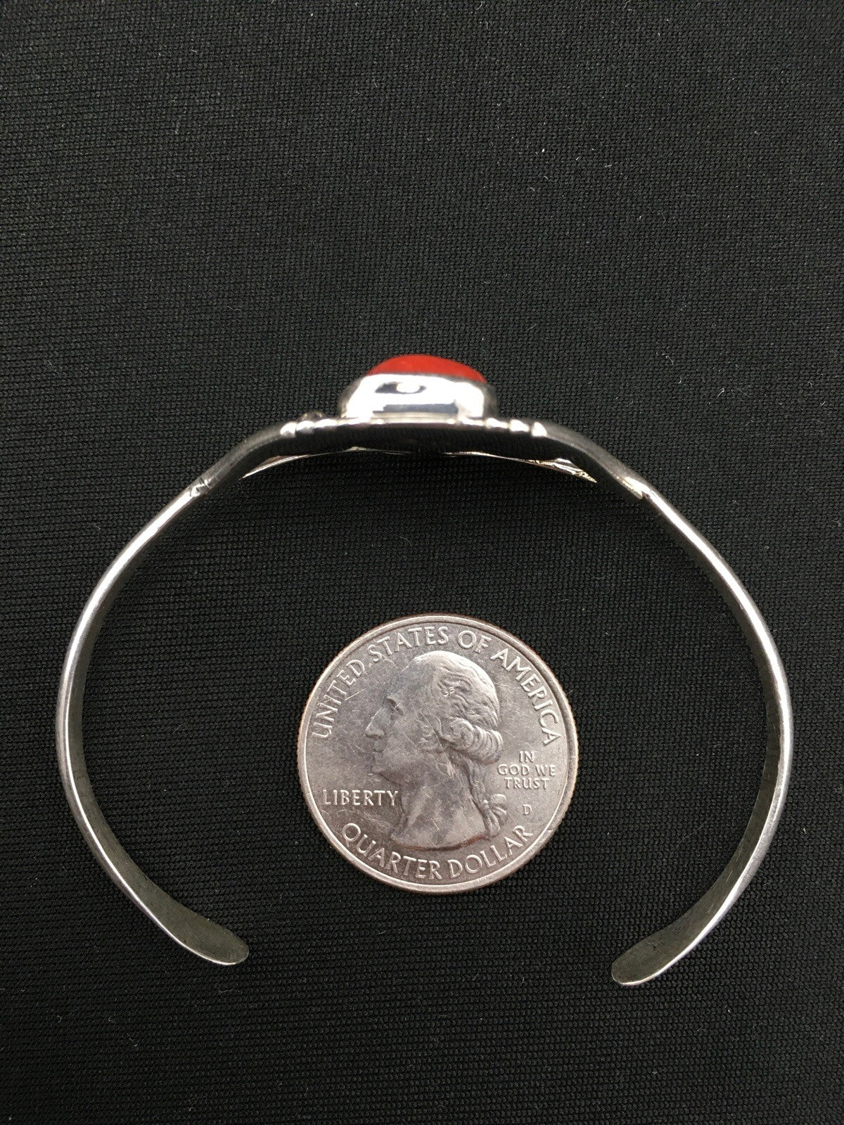 Native American Indian Coral Navajo Sterling Silver Cuff Bracelet 04747