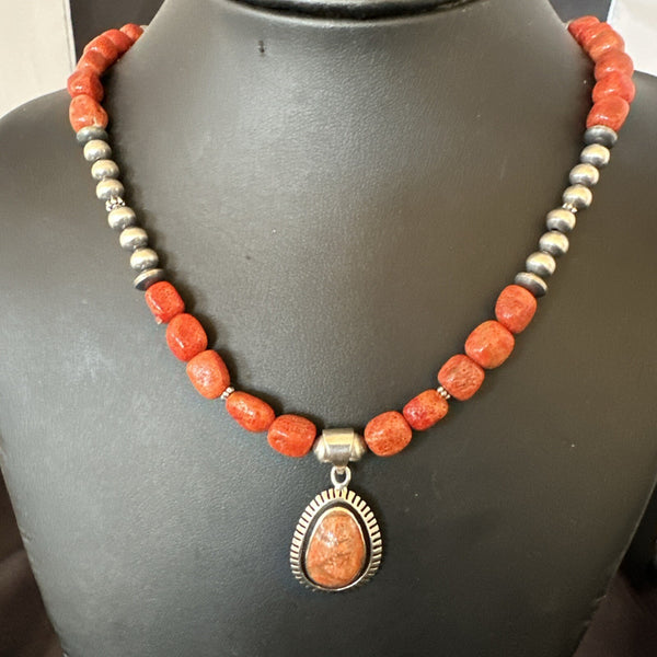 Navajo Pearls Apple Sponge Coral Necklace Pendant 21" | Sterling Silver | Authentic Native American Handmade | 18683