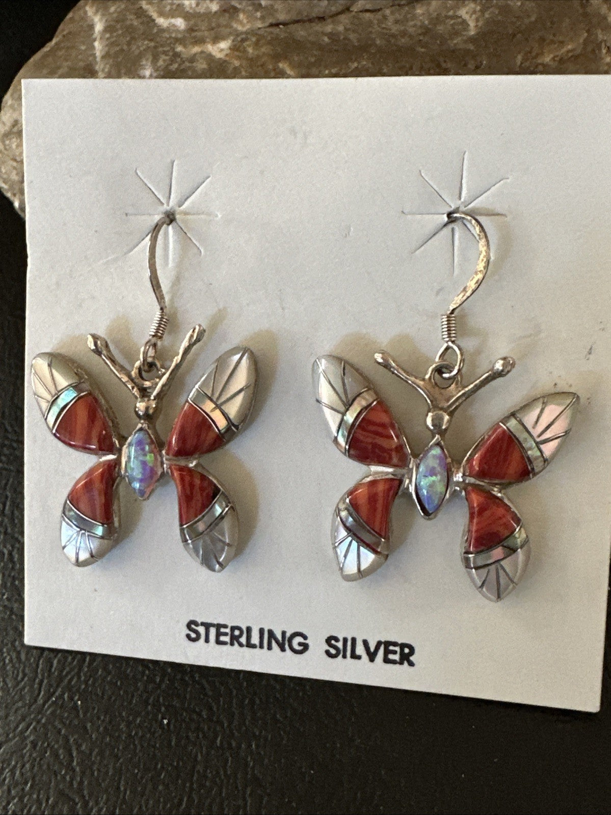 Butterfly Multicolor Red Spiny MOP Inlay Sterling Silver Earrings 19817