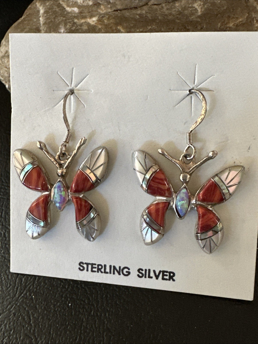 Butterfly Multicolor Red Spiny MOP Inlay Sterling Silver Earrings 19817