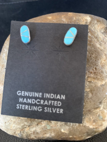 Zuni Handmade Kingman Turquoise Inlay Sterling Stud Post Earrings 13025
