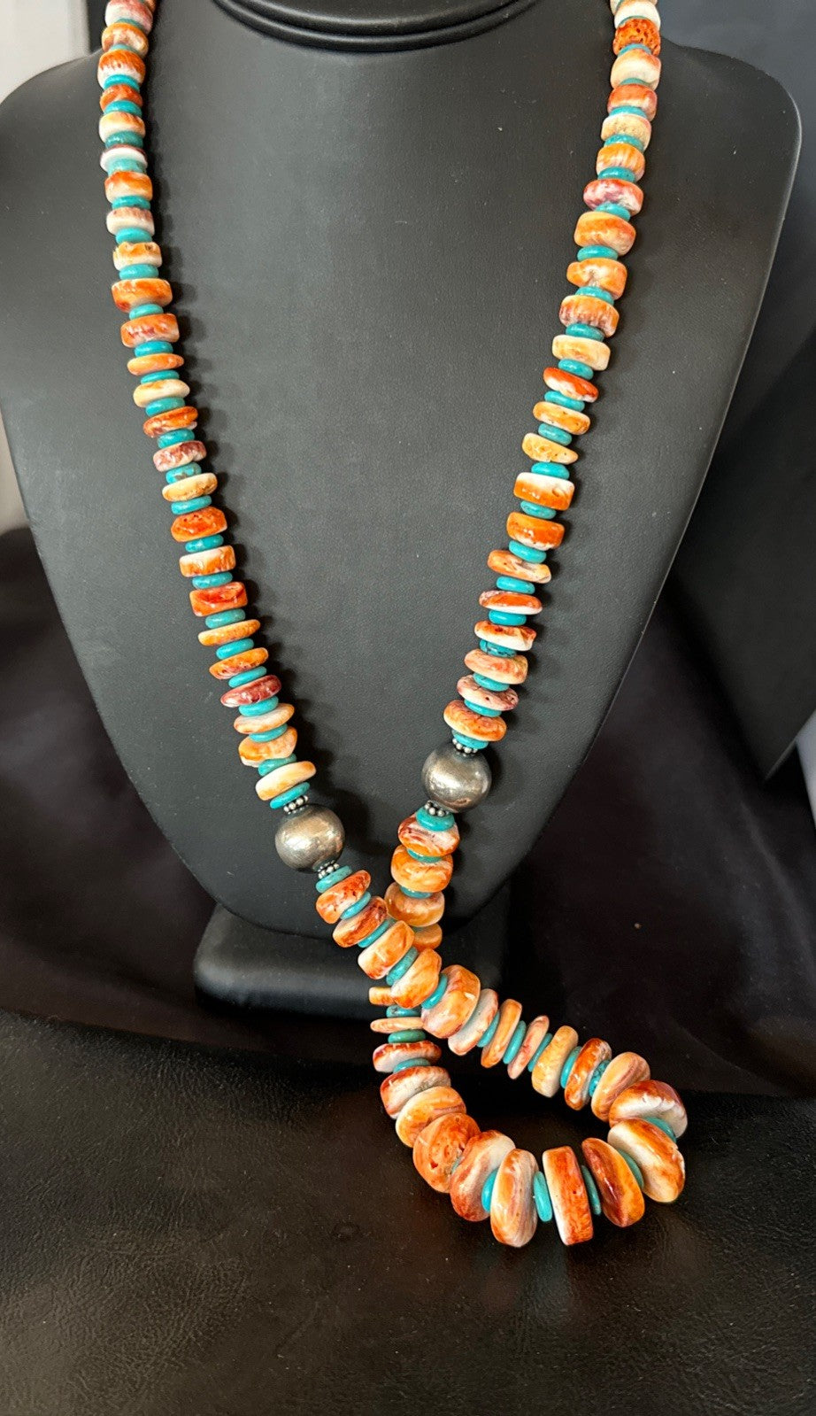 30" Spiny Oyster Turquoise Graduated Navajo Pearl Sterling Silver Necklace 19419