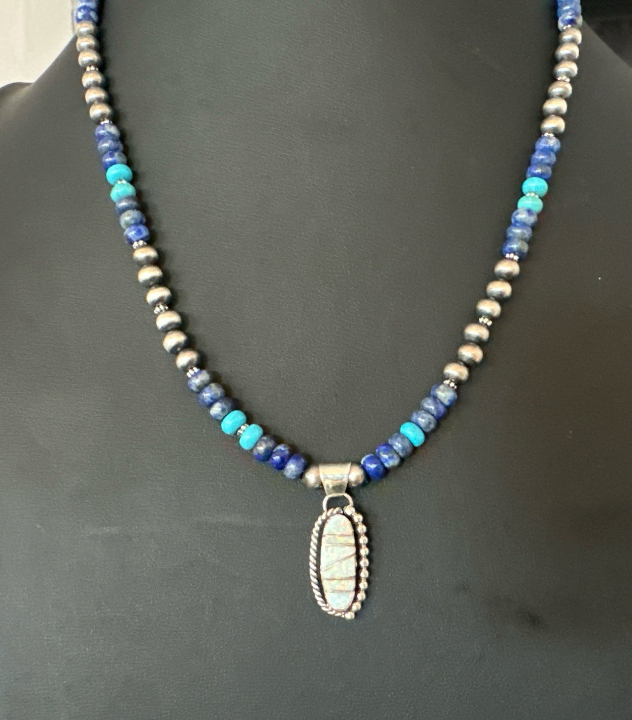 Blue Turquoise White Opal Pendant Lapis Navajo Sterling Silver Necklace 19471