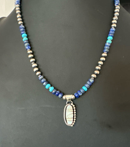 Blue Turquoise White Opal Pendant Lapis Navajo Sterling Silver Necklace 19471