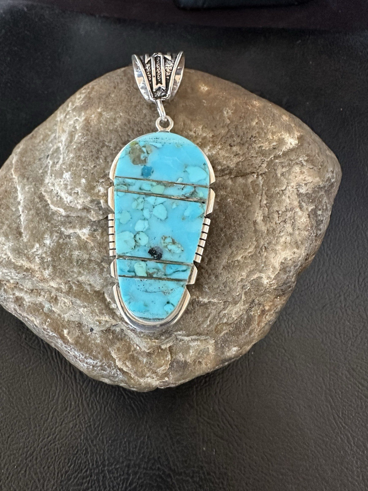 Navajo B E Inlay 925 Sterling Silver Turquoise Pendant Cobblestone 2.5" 19398