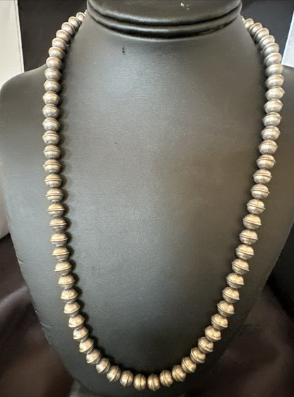 8mm Hand Stamped Bench Navajo Pearls Sterling Silver Bead Necklace 23" 18406
