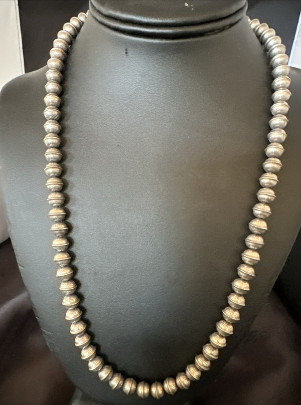 8mm Hand Stamped Bench Navajo Pearls Bead Necklace 23" | Sterling Silver | Authentic Native American Handmade | 18406