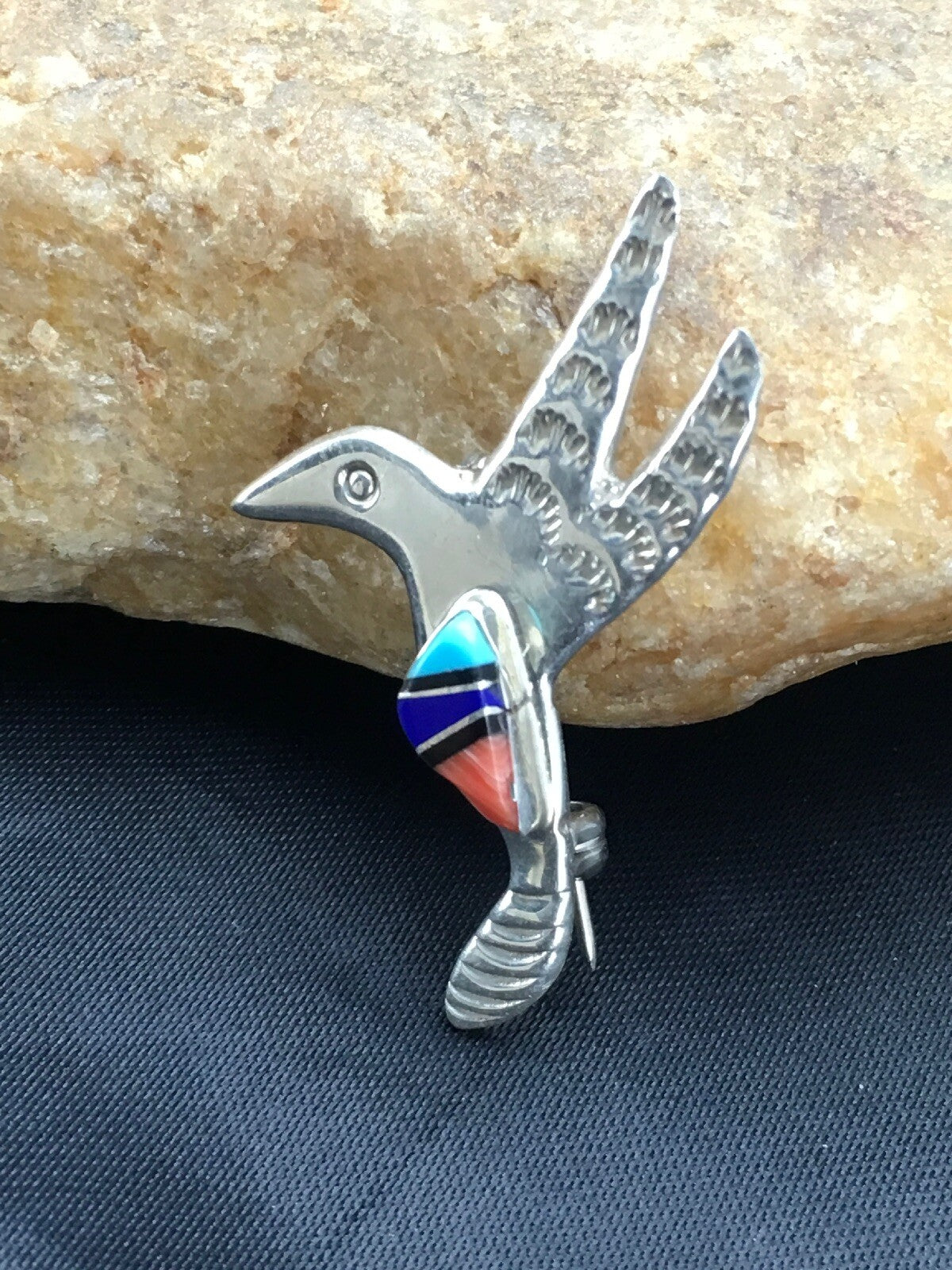Turquoise Lapis & Coral Hummingbird Inlay Pin Navajo Sterling Silver 02900