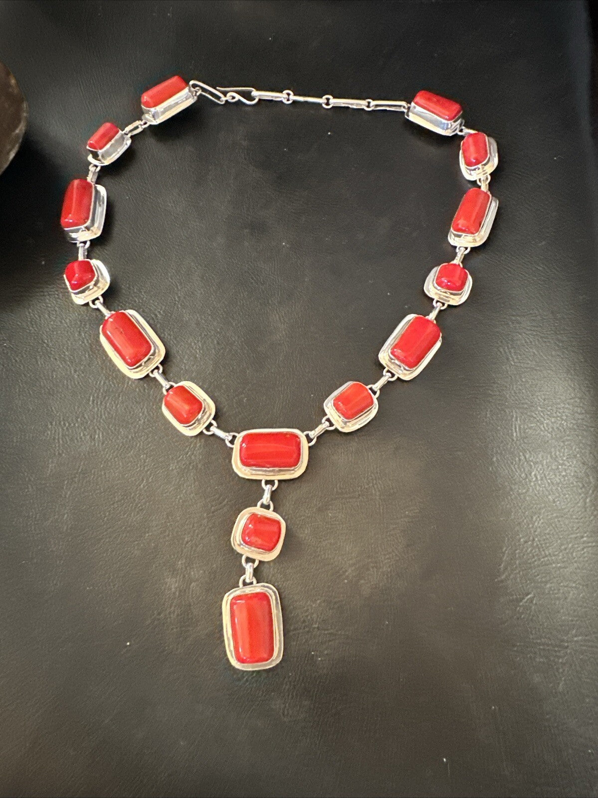 Handmade Women Red Coral Lariat Necklace Pendant Sterling Silver 19” 18410