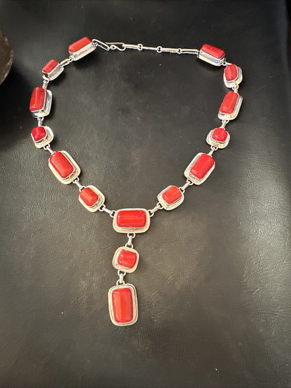 Handmade Women Red Coral Lariat Necklace Pendant Sterling Silver 19” 18410