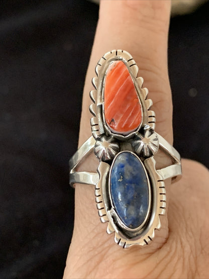 Red Spiny Oyster & Lapis Navajo Sterling Silver Ring Size 10.5 19763