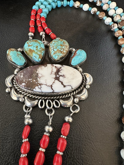 XL Statement Wild Horse Turquoise#8 Navajo 3S Sterling Silver Necklace 34” 19674