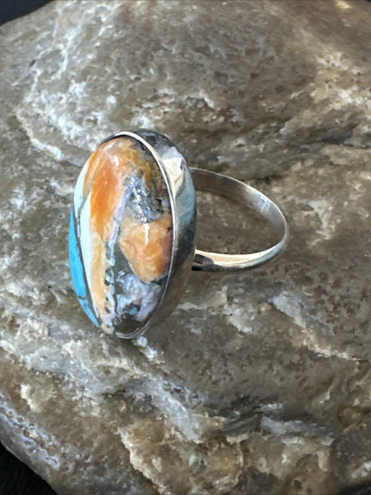 Blue Turquoise Spiny Oyster Southwestern Sterling Silver Ring Size 8 18430