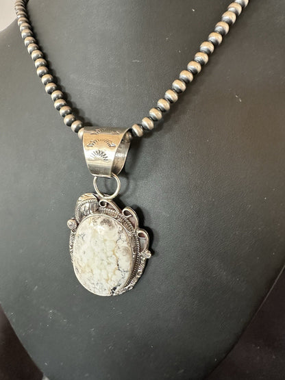 White Buffalo Turquoise Pendant Navajo Pearls Sterling Silver Necklace 19377