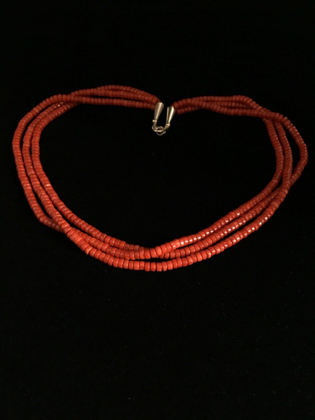 Red Coral Stabilized 3 Strands Navajo Sterling Silver Heishi Necklace 01778