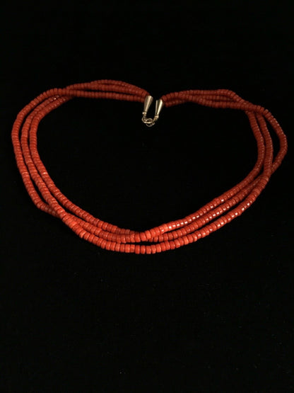 Red Coral Stabilized 3 Strands Navajo Sterling Silver Heishi Necklace 01778