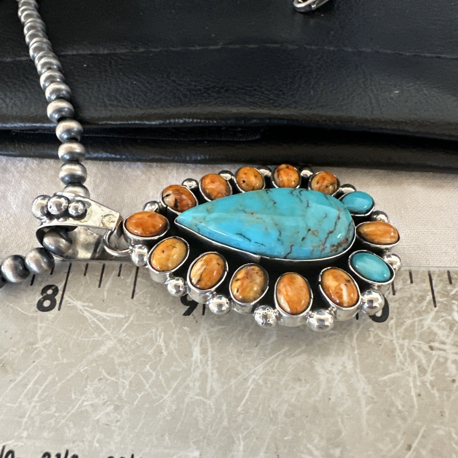 Multicolor Turquoise Spiny Navajo Sterling Silver Cluster Pendant Necklace 19559