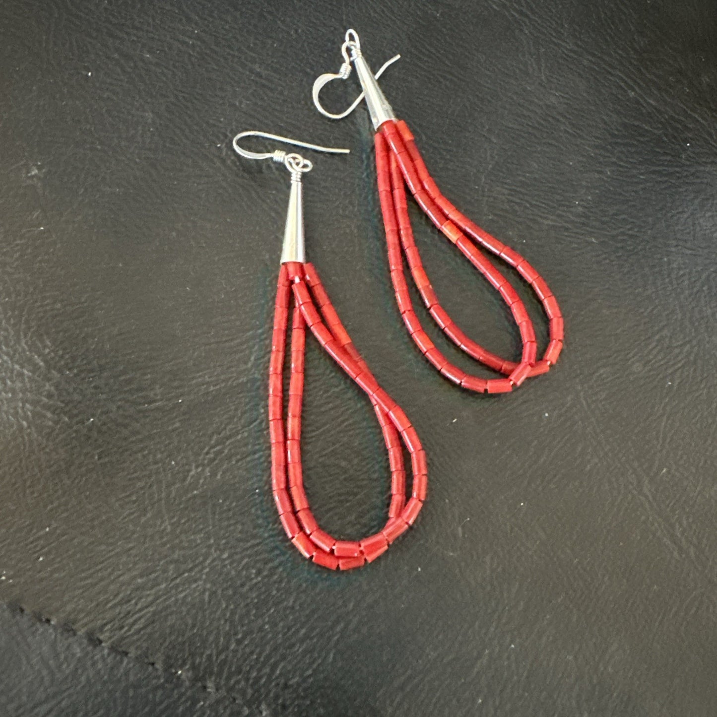 Apple Coral Tube Heishi Dangle Liquid Sterling Silver Earrings 2" 19042