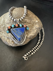 Blue Lapis Cluster Pendant Navajo Beads Necklace 20" | Sterling Silver | Authentic Native American Handmade | 18753