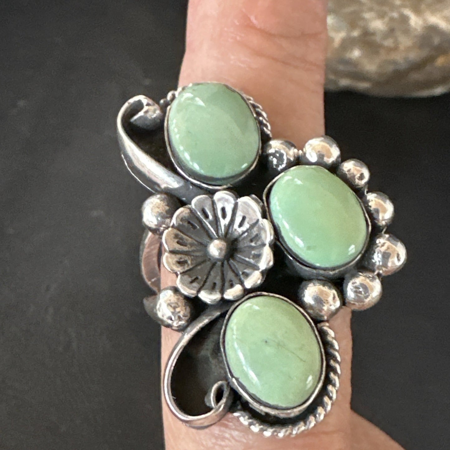Yazzie Ring Green Turquoise Navajo Sterling Silver Cluster Size 9 19209