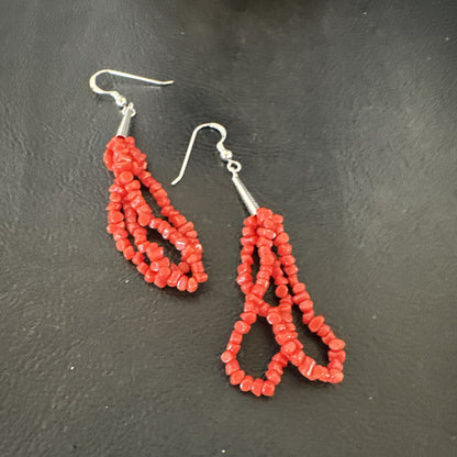 Native Red Real Coral Nugget Sterling Silver Dangle 2 Strand Earrings 2" 19347