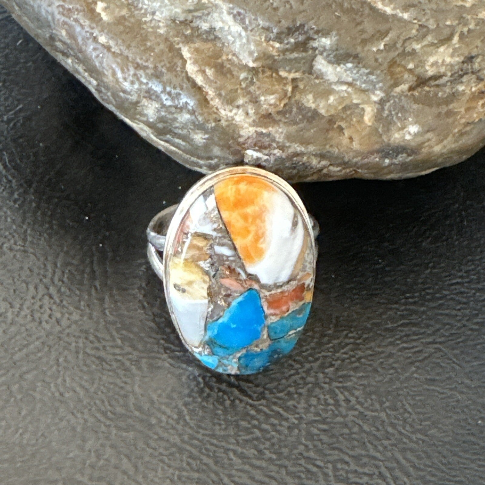 Blue Turquoise Spiny Oyster Southwestern Sterling Silver Ring Size 11 18448