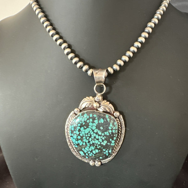Women's Navajo Blue Spiderweb Turquoise Necklace Pendant | Sterling Silver | Authentic Native American Handmade | 19297