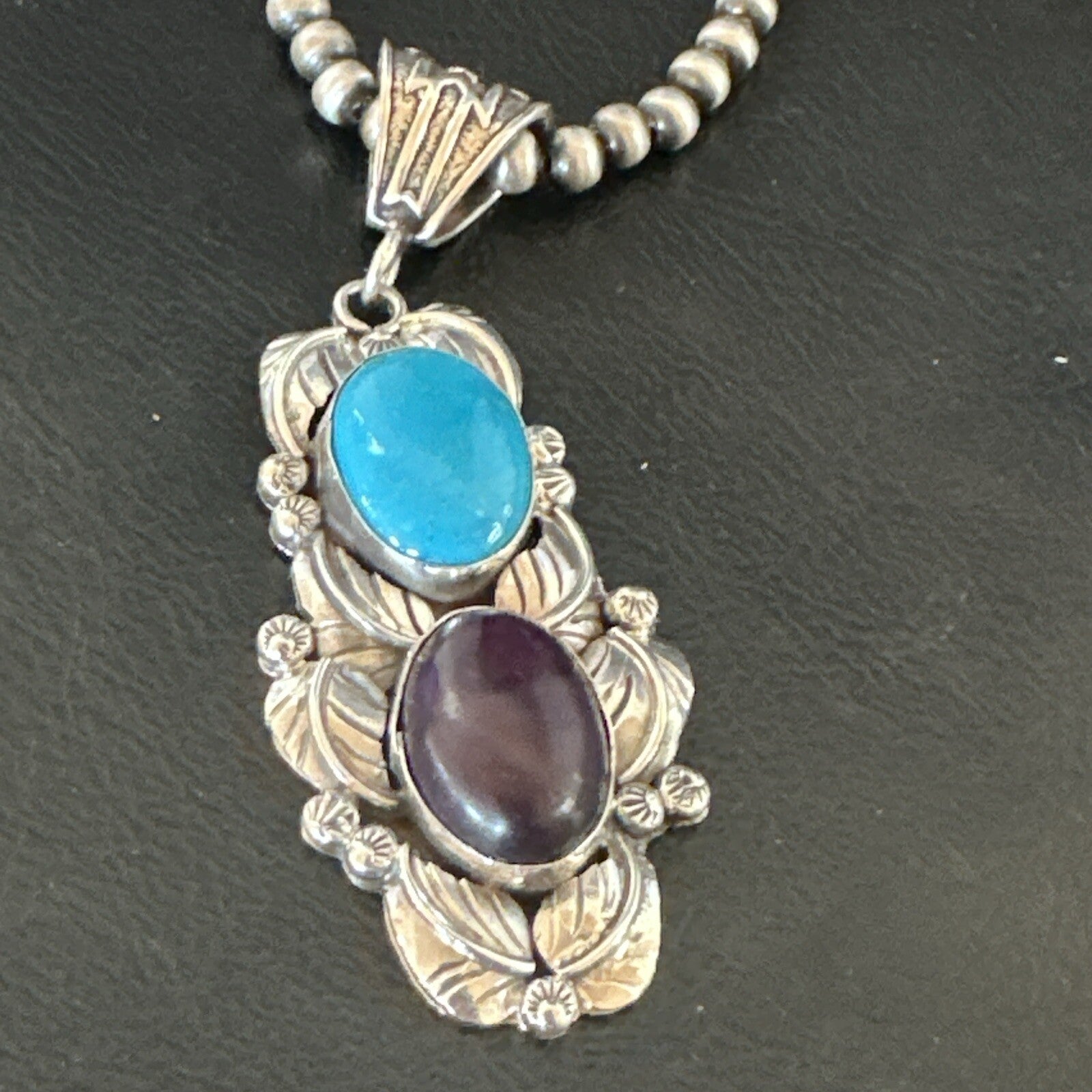 Blue Kingman Turquoise  Purple Stone Pendant Navajo Sterling Silver 18039