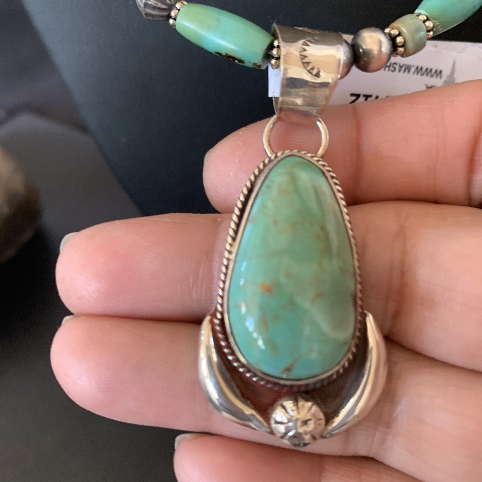Green Turquoise Pendant Navajo Pearls Sterling Silver Necklace 11412