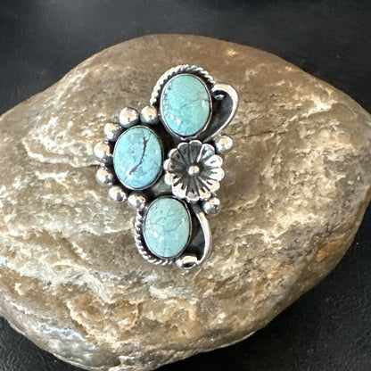 Yazzie Ring Green Turquoise Navajo Sterling Silver Cluster Size 8.5 19235
